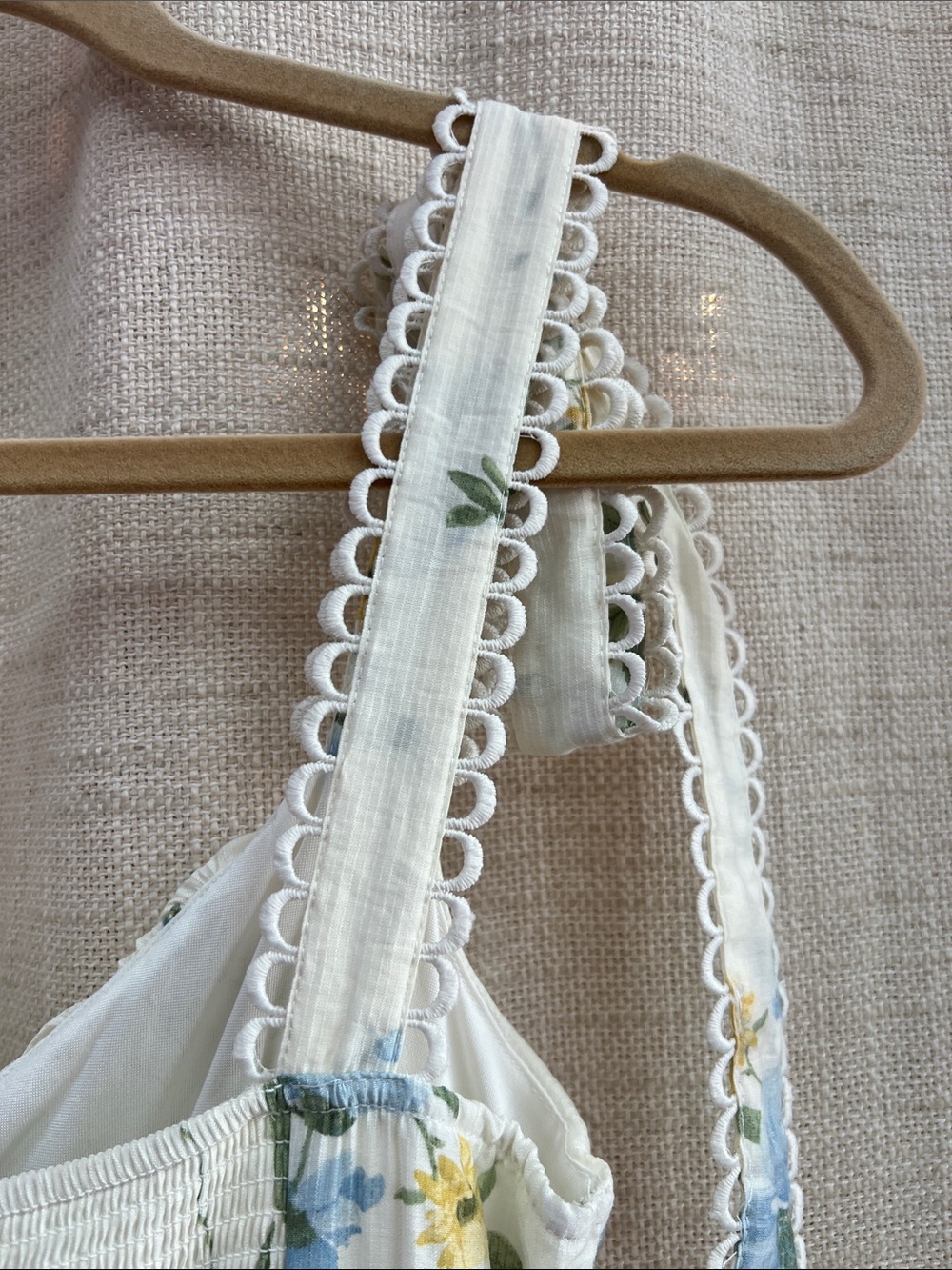 White Blue Yellow Floral Tiered Midi Dress Lace Tie Straps Large - Picture 14 of 14